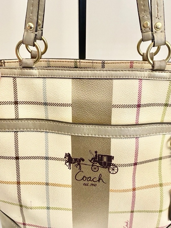 Coach Handbags - COACH Peyton Tattersall Tote Shoulder Bag Ivory with Multicolored Stripes 13033